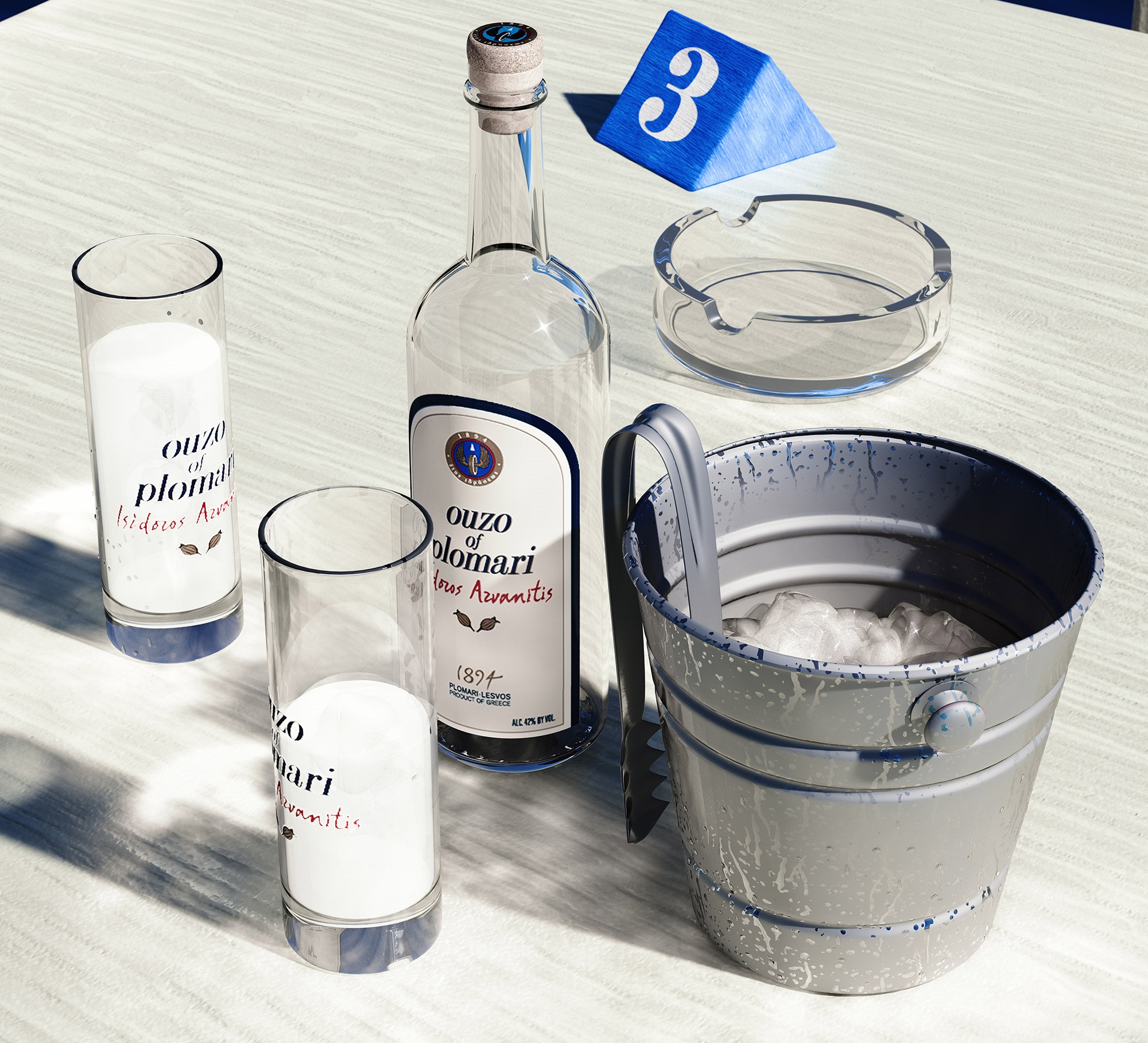 Stin Ygeia Mas product visualization detail of greek drink and glasses