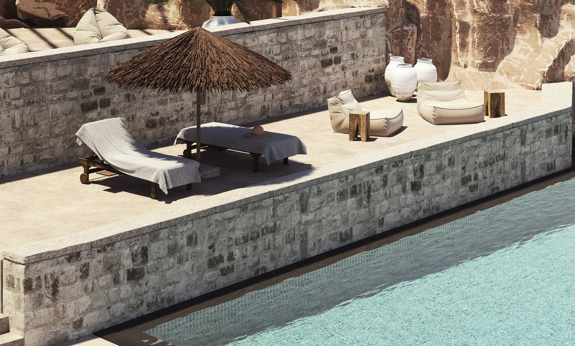 architectural animation of private residence in sifnos, greece, hammocks with rustic umbrella by the swimming pool