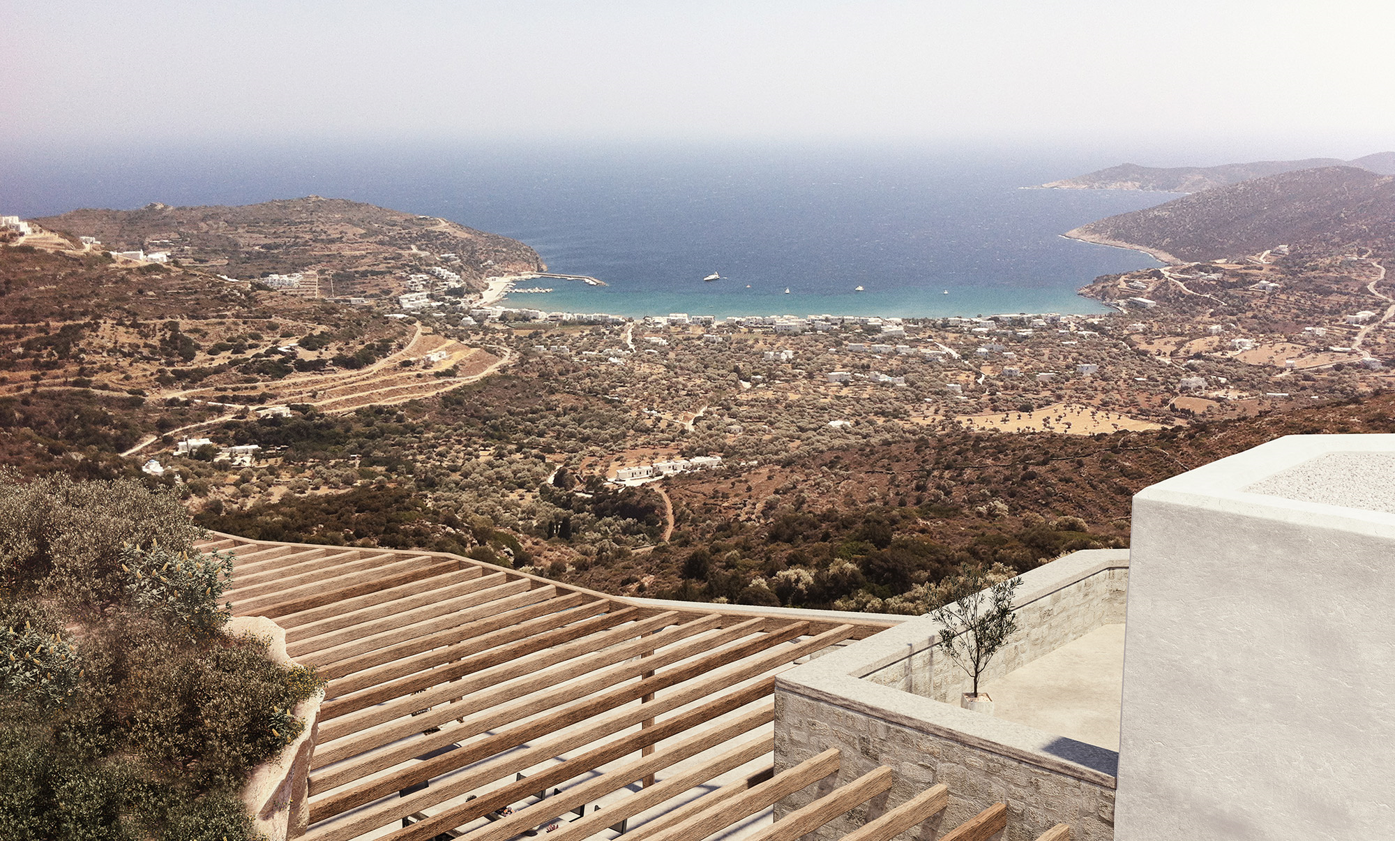 high-end architectural visualization of sifnos in greece with coast and sea