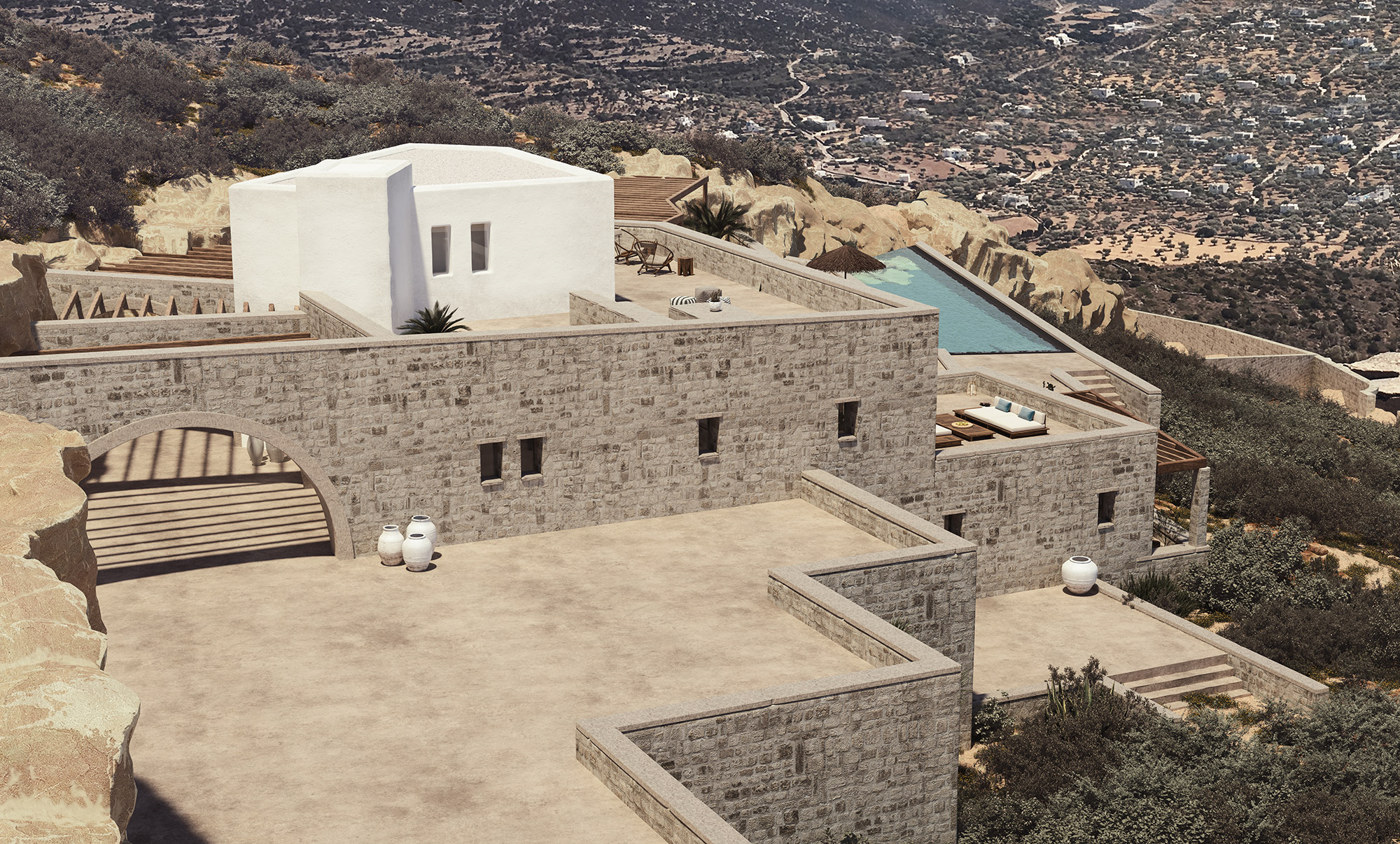 architectural visualization of residence in sifnos, greece, with swimming pool