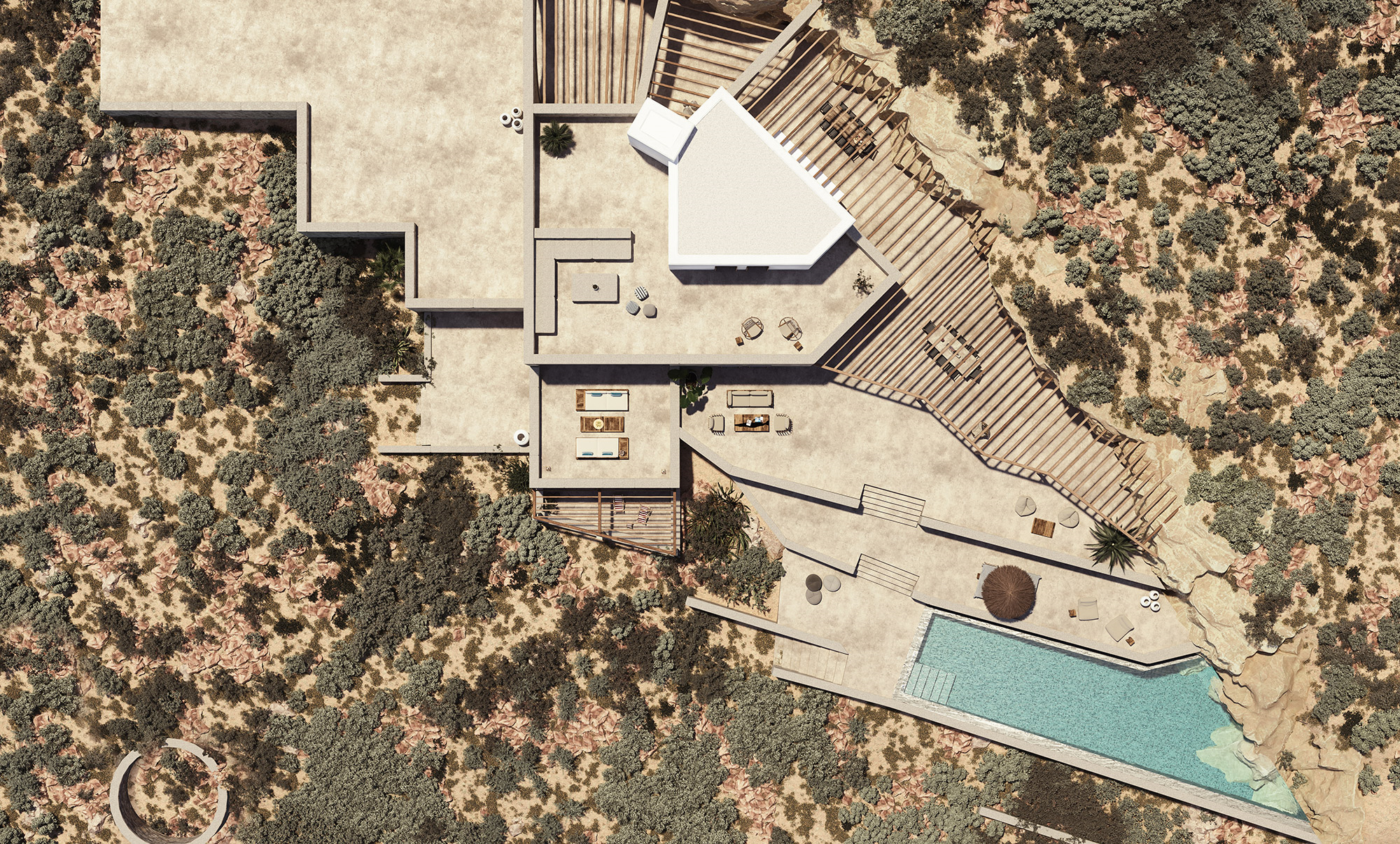 high-end architectural visualization bird's eye view of private residence in sifnos, greece