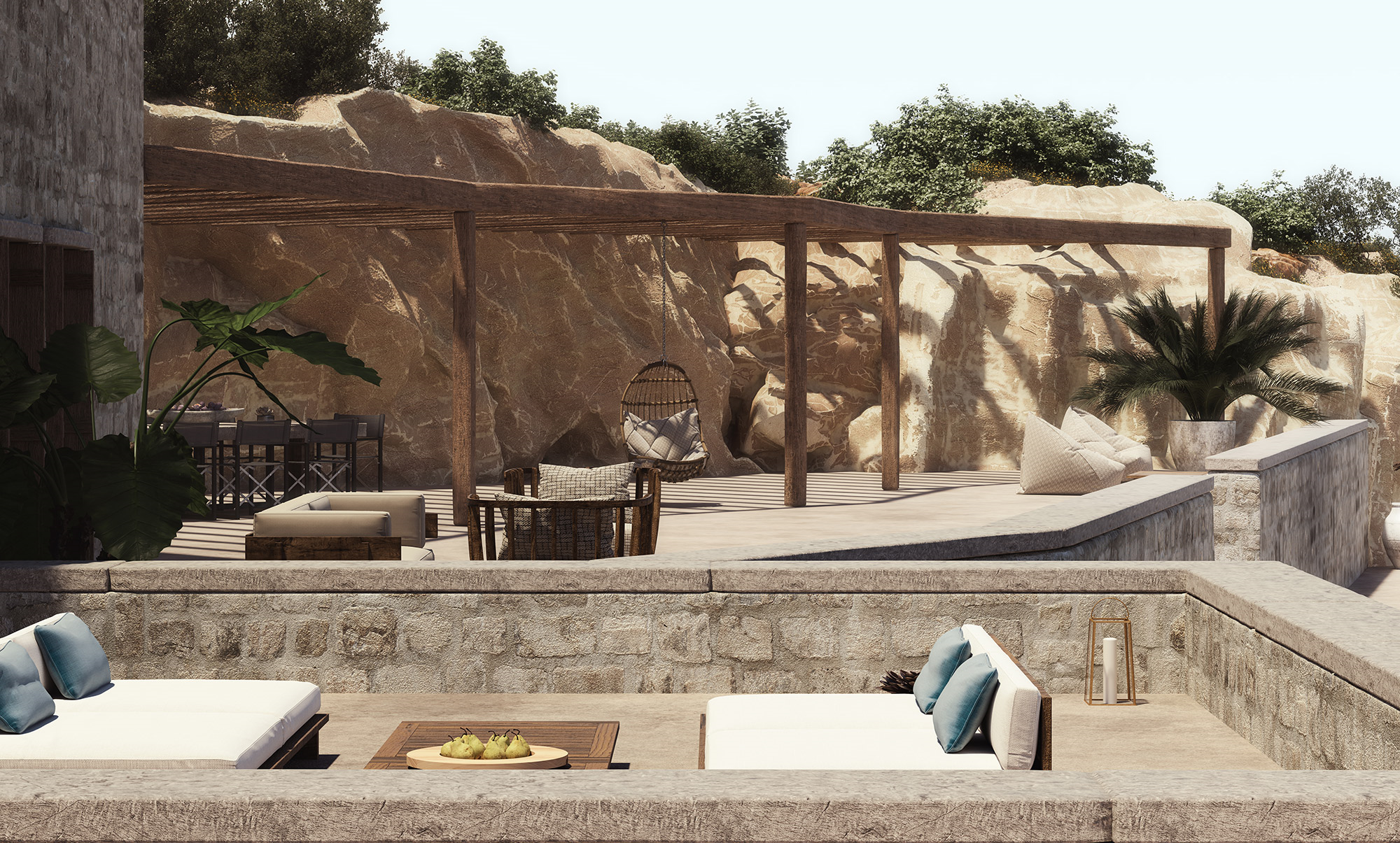 high-end visualization of chill area in wood and stone in private residence in sifnos, greece - Architectural Animation