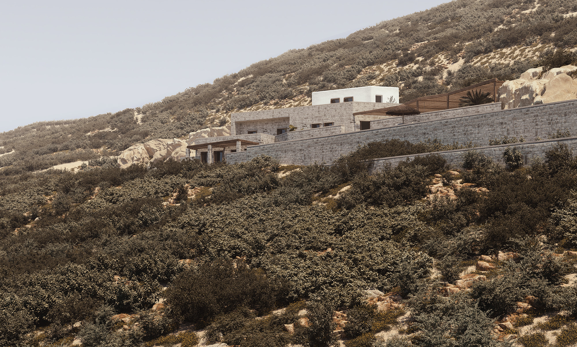 Architectural Animation of private resicente in sifnos, greece, surrounded by bushes and mountain