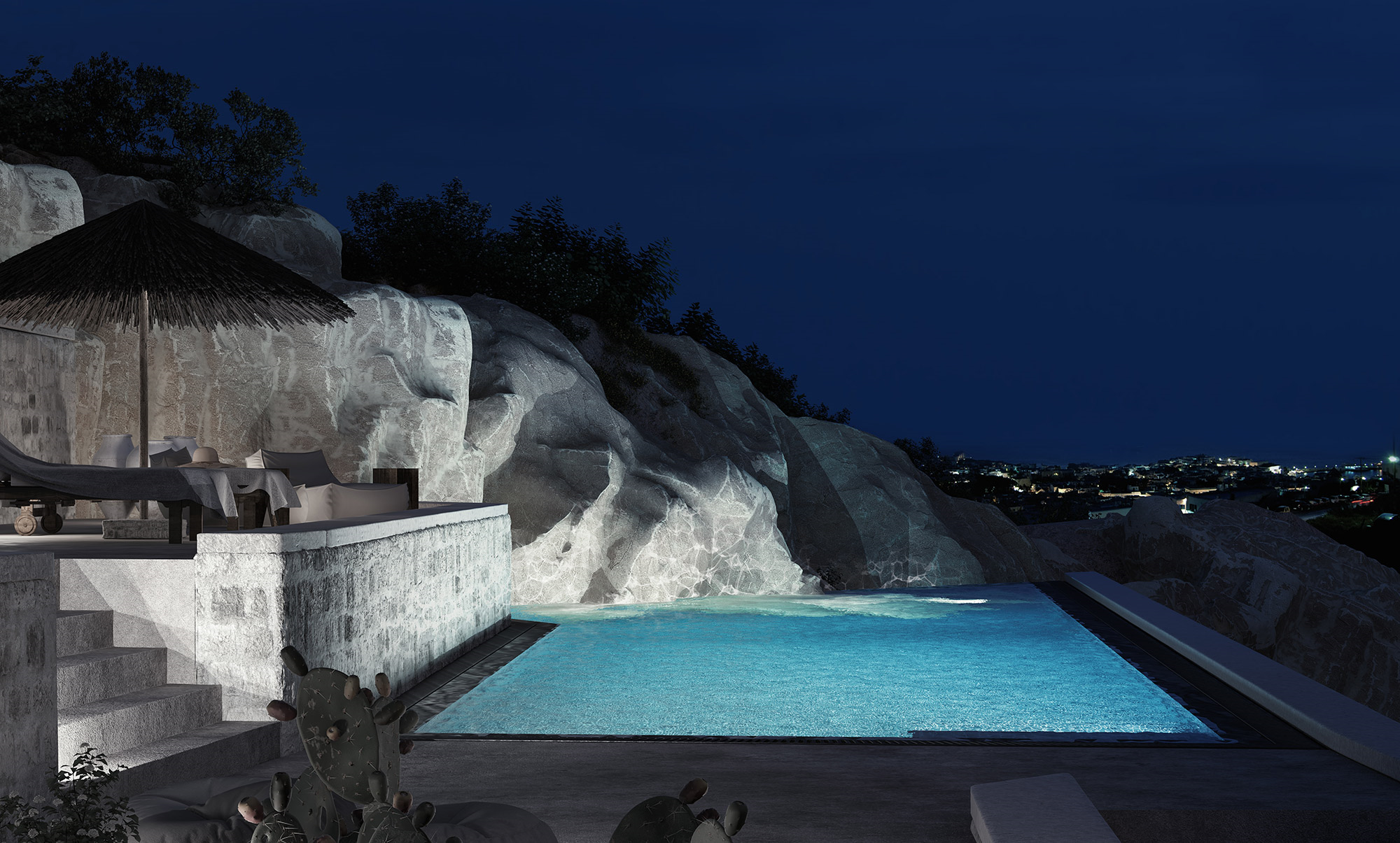 Architectural visualization of private residence in sifnos, greece, with swimming pool illuminated at night