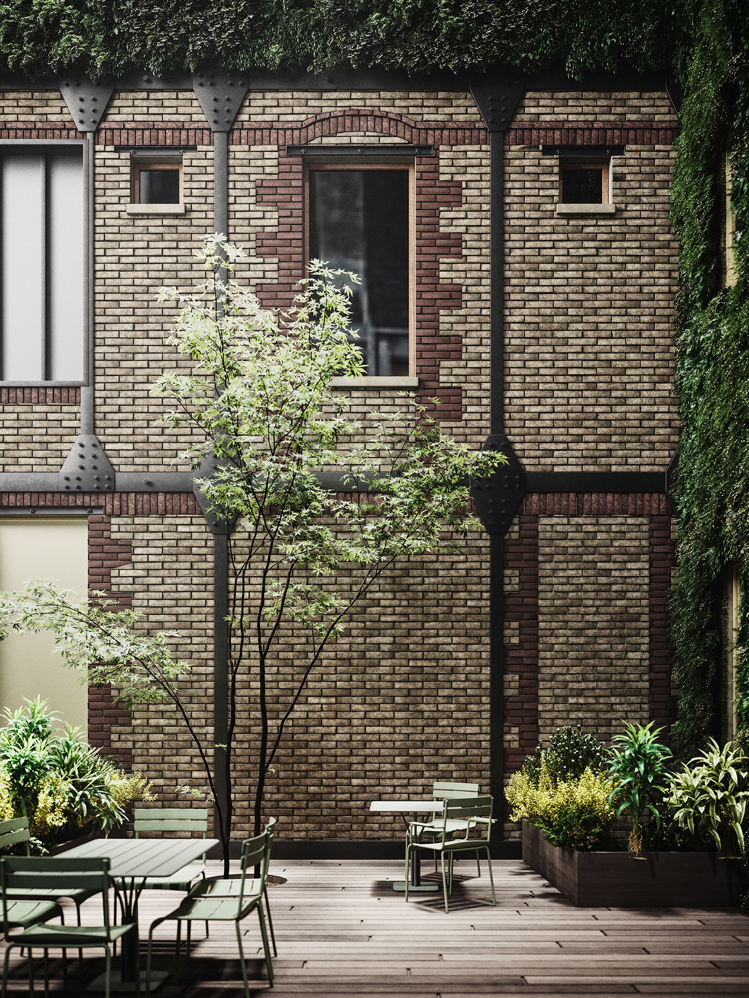 Residential Building Rehabilitation in Quai de Valmy architectural visualization in paris of brick wall and courtyard in agnes agnes building