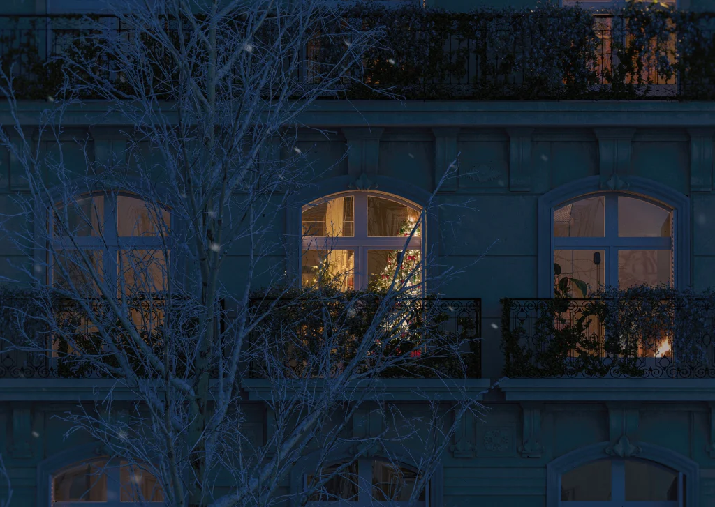 high-end visualization in paris of a tree and a window illuminated at night in a stately residential building