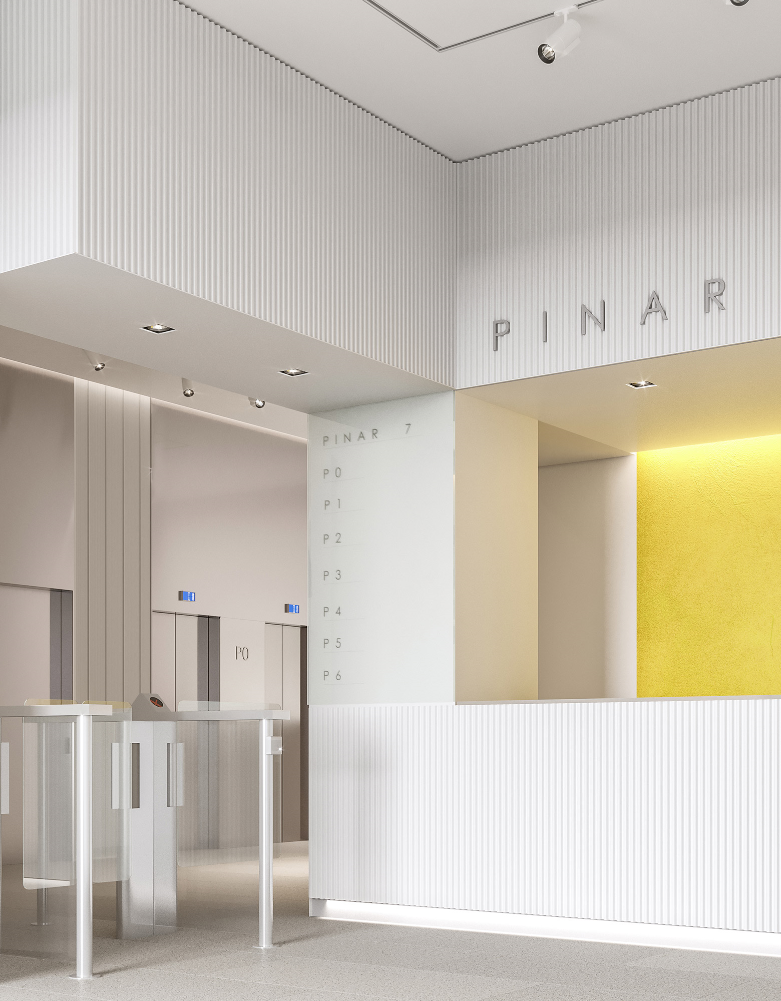 office building interior architectural visualization of white modern entrance for rodriguez plaza architects in madrid