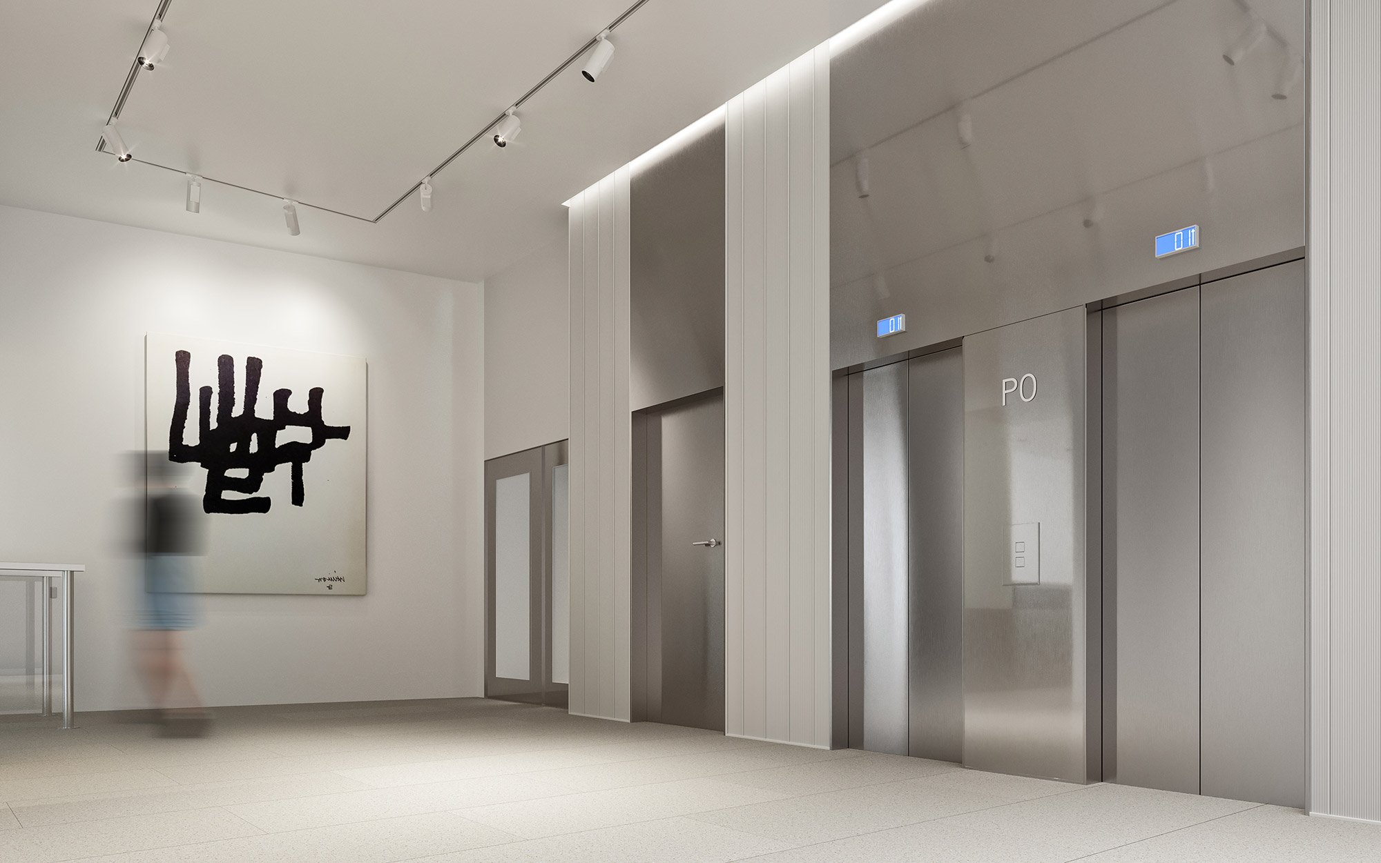 office building interior architectural visualization of elevators and abstract painting for rodriguez plaza architects in madrid