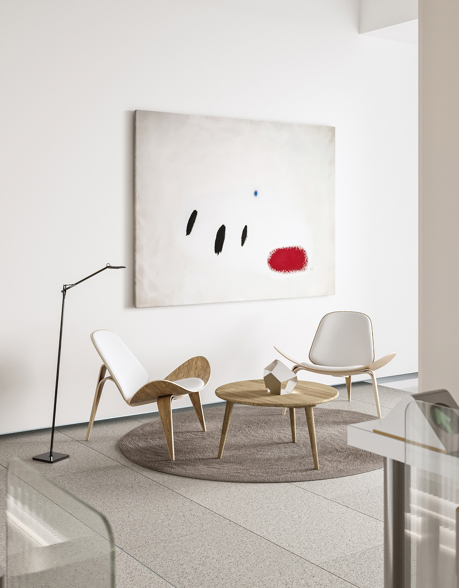 office building interior architectural visualization of wooden chairs, table and an abstract painting for rodriguez plaza architects in pinar 7 madrid