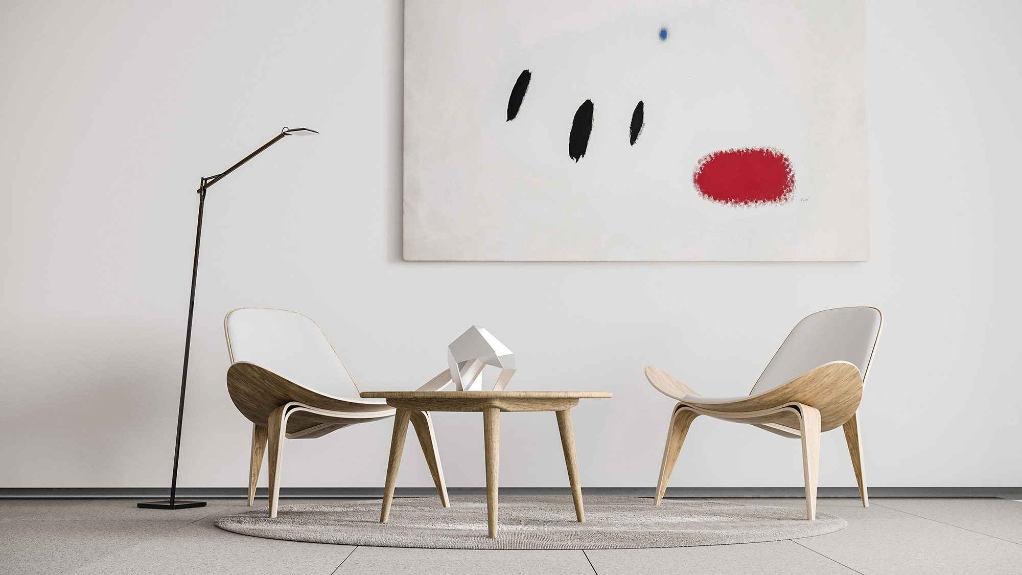 office building visualization of wooden chairs, table and an abstract painting for rodriguez plaza architects in pinar 7 madrid