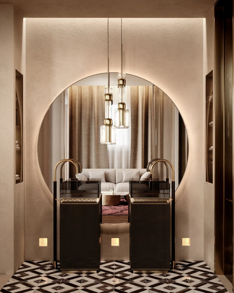 3D Interior Visualization of Bvlgari Resort in Kuwait, the master bathroom invites visitors to refresh and relax