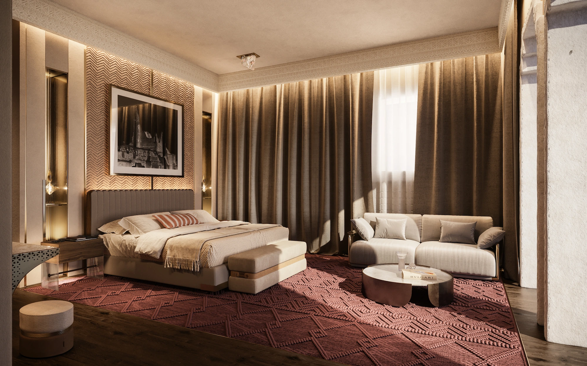 3D Interior Visualization of Bvlgari Resort in Kuwait, the apartment where guests can enjoy their arabian nights