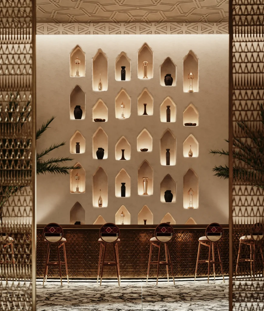 3D Interior Visualization of Bvlgari Resort in Kuwait, the cocktail bar ready to treat every guest