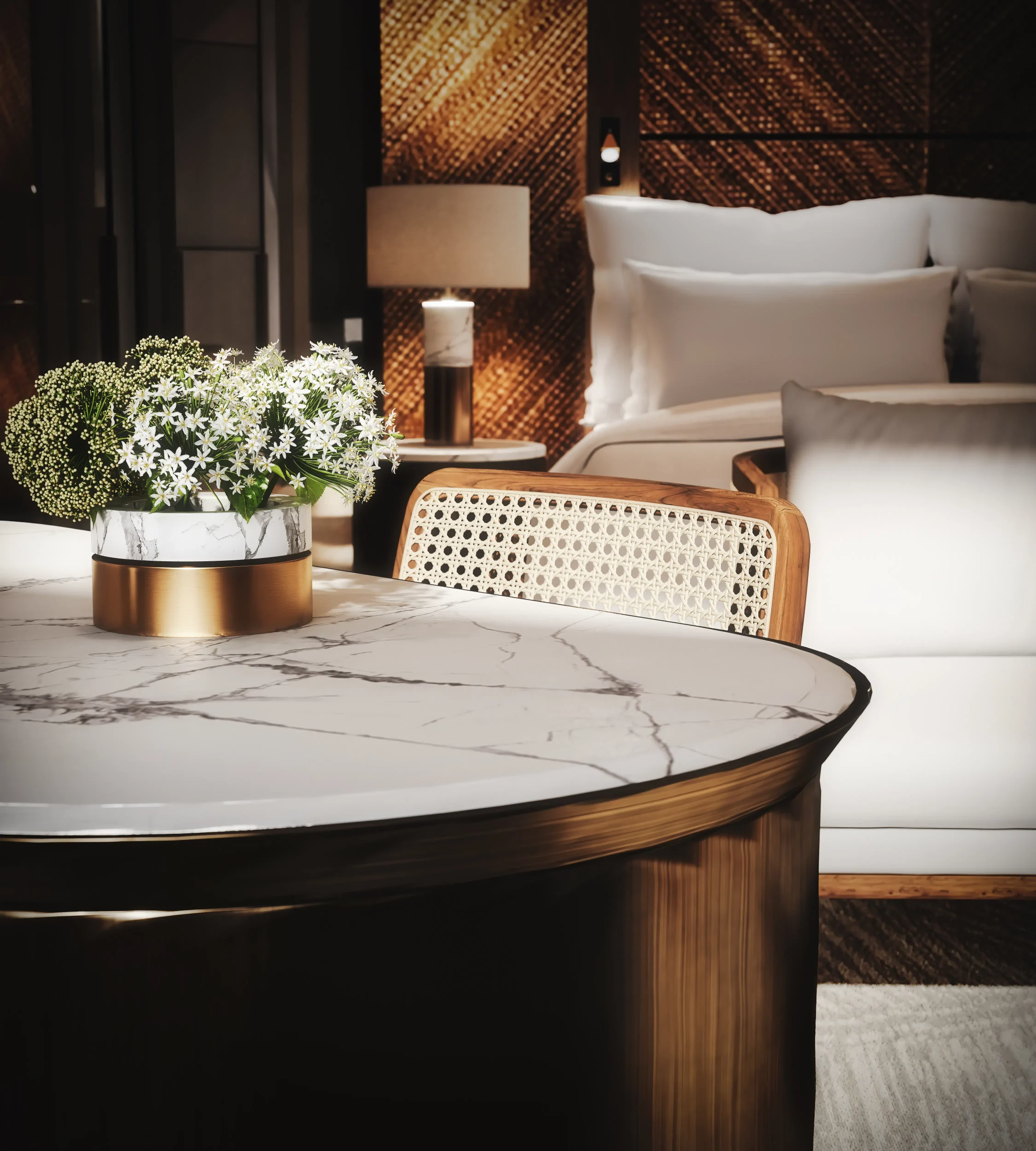 Interior Visualization of Bvlgari Resort in Kuwait, a marble table in the living space