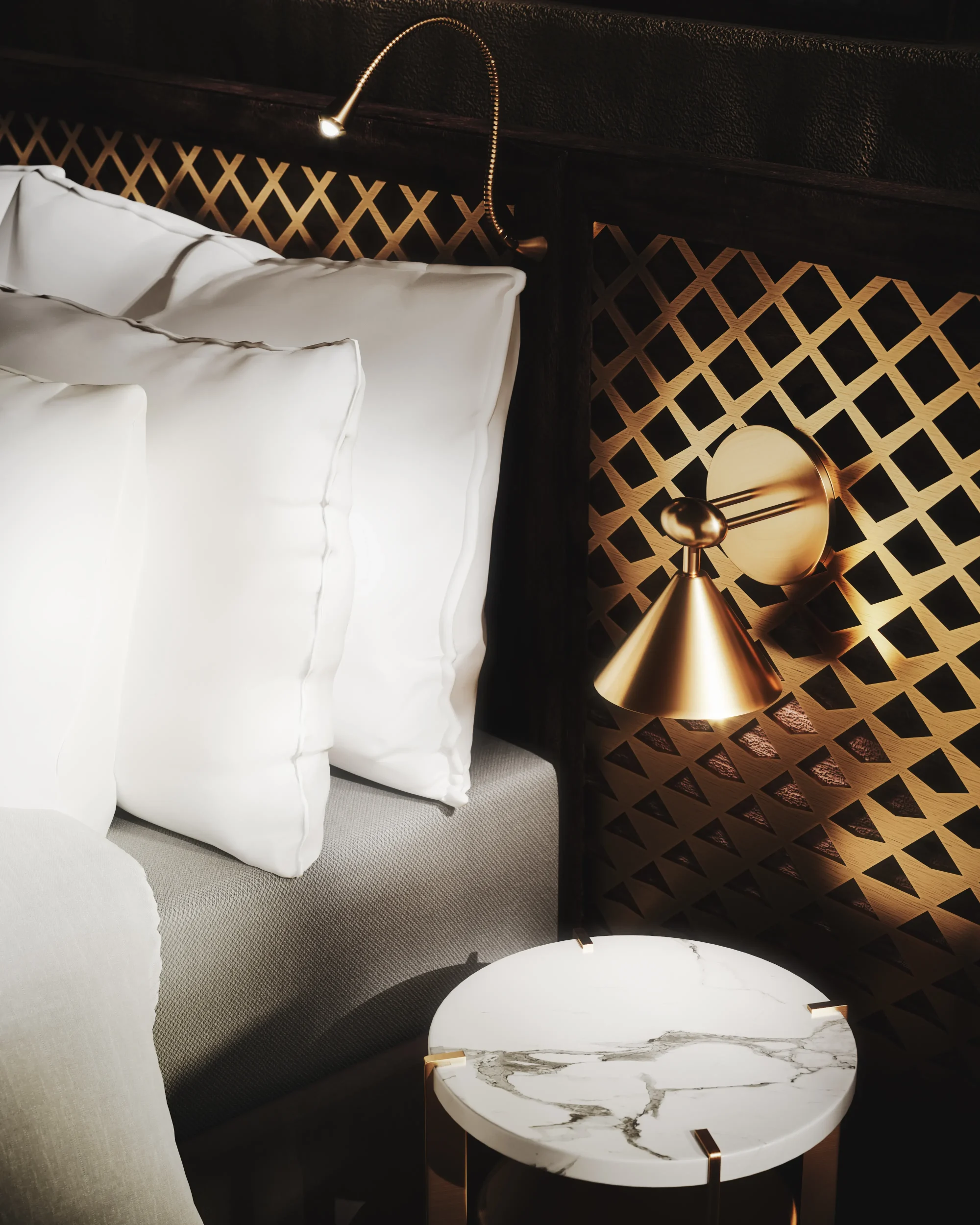 Visualization of Bvlgari Resort in Kuwait, the details of the suite's bed