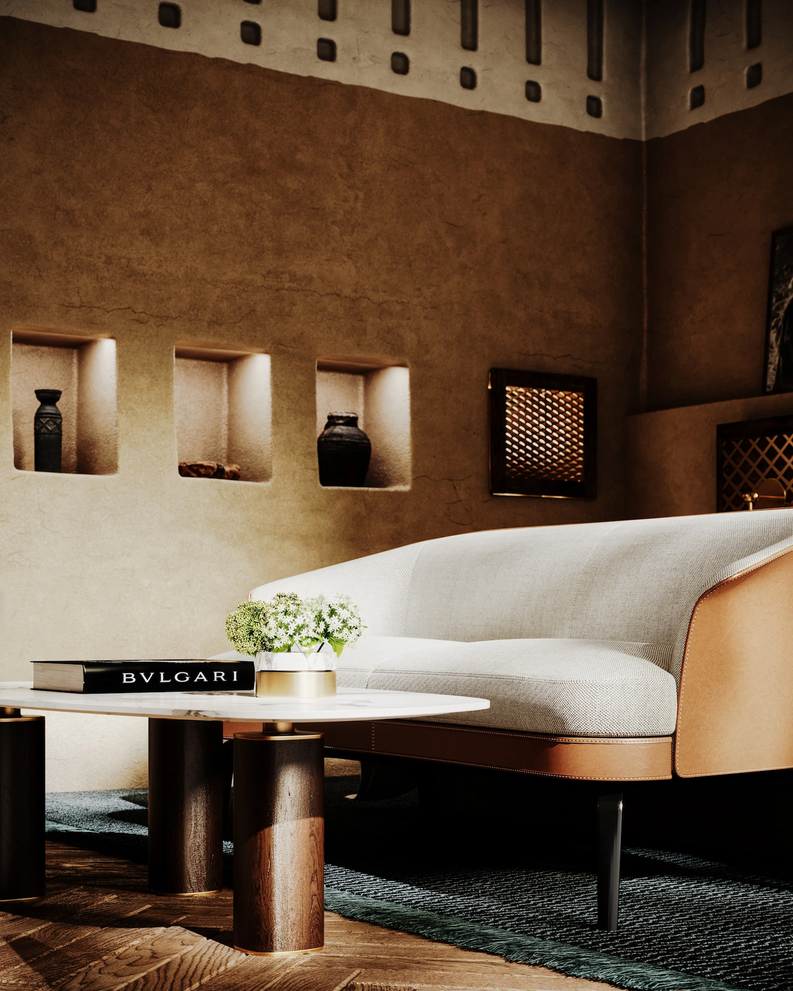 3D Interior Visualization of Bvlgari Resort in Kuwait, the living space is the best place to relax and find comfort