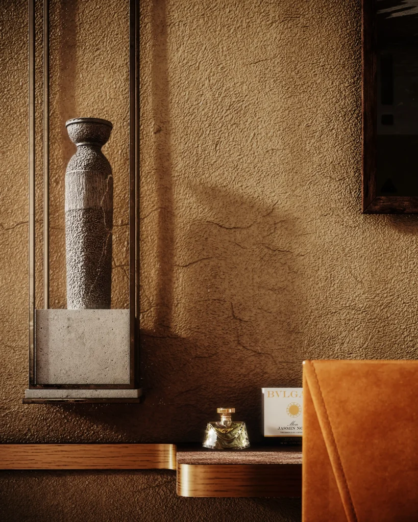 A detailed vase in front of the suite wall of Bvlgari Resort in Kuwait