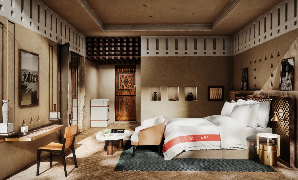 3D Interior Visualization of Bvlgari Resort in Kuwait, an image of the suite with all of its luxurious furniture