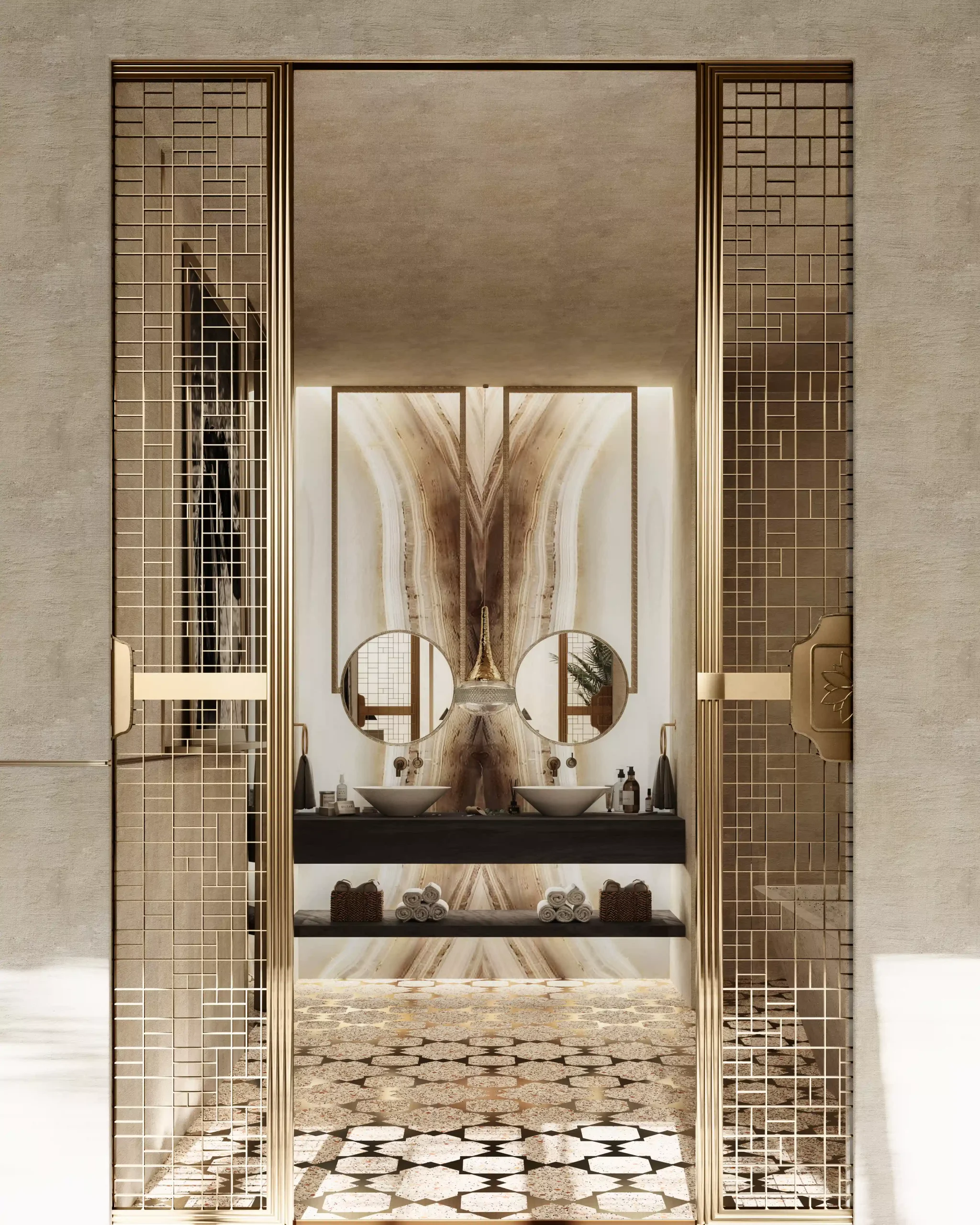 Visualization of Bvlgari Resort in Kuwait, the master bathroom of the presidential suite is an arabian gem