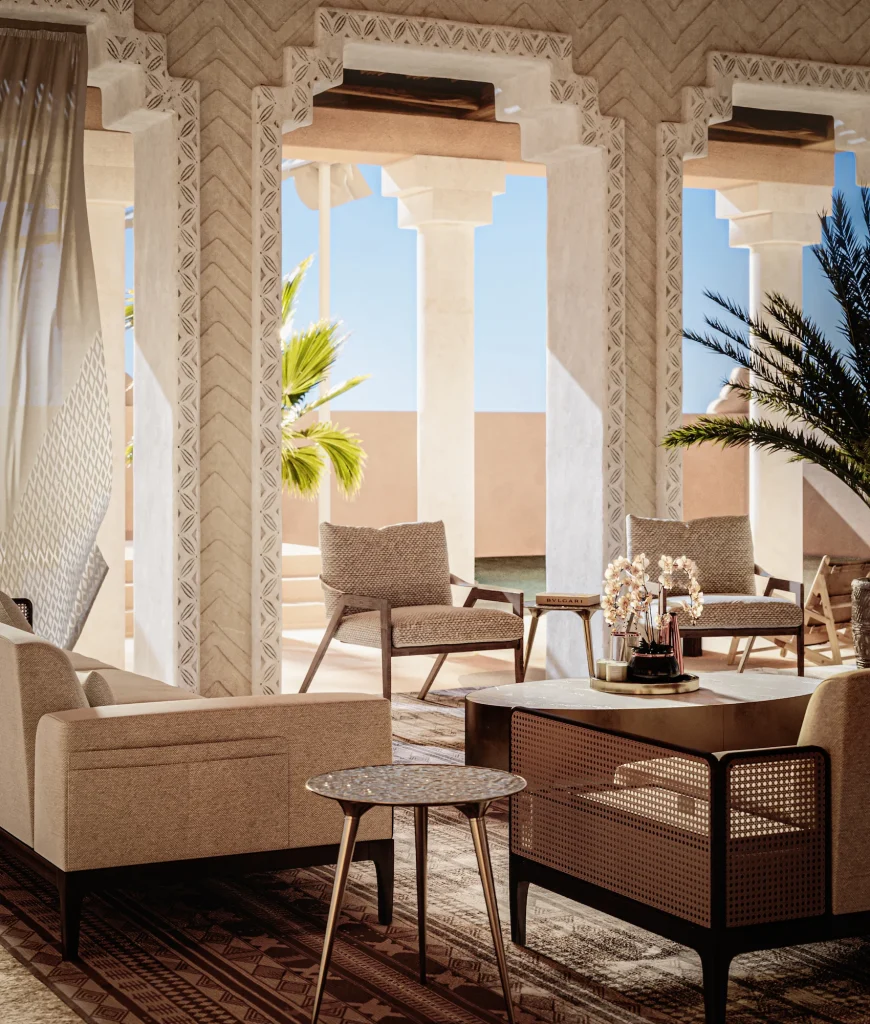 3D Interior Visualization of Bvlgari Resort in Kuwait, the main lobby of the resort bathed in sunlight